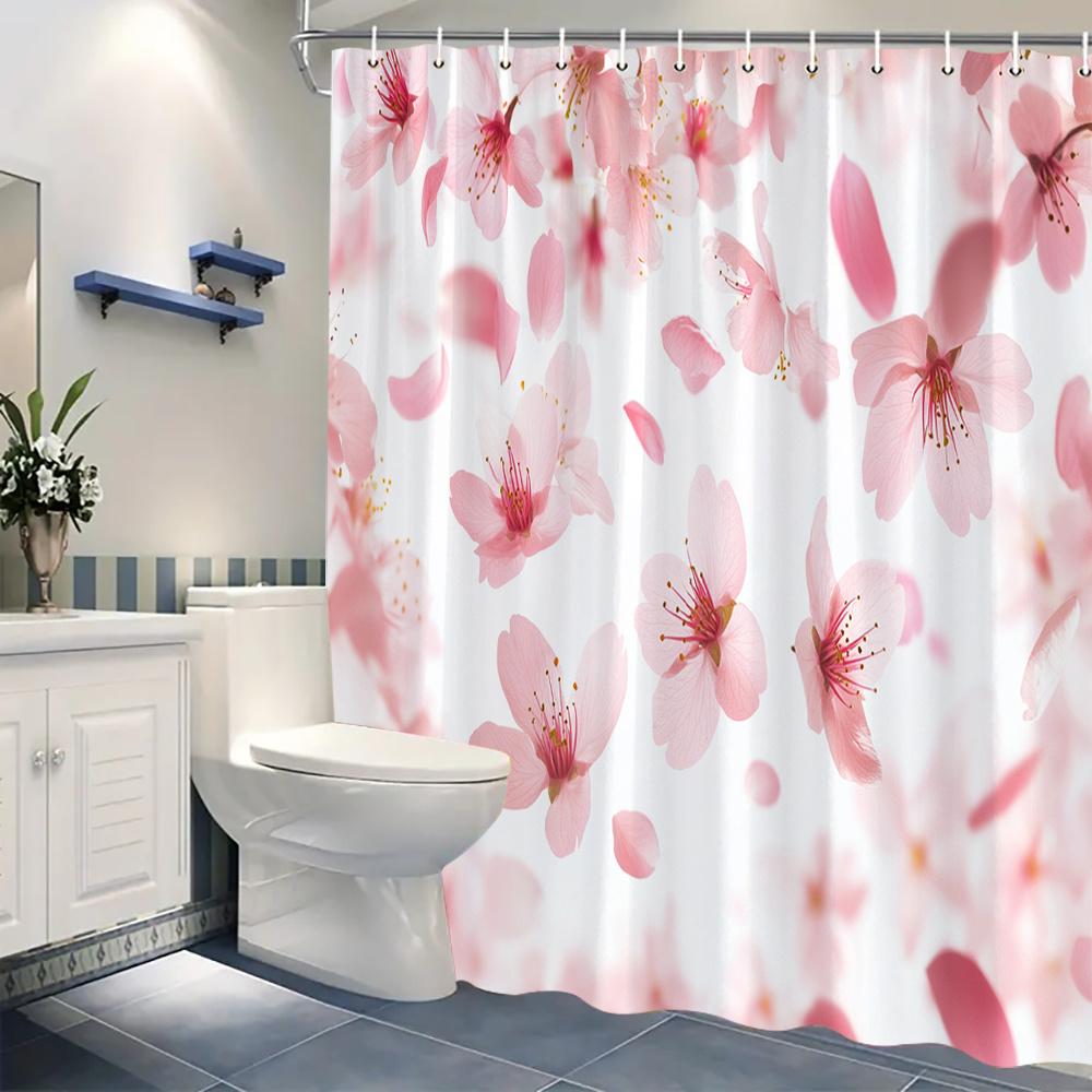 1 Elegant Pink Cherry Blossom Shower Curtain - Polyester Fabric, Gradient Petals And Gold Stamens, With Hook, Machine Washable