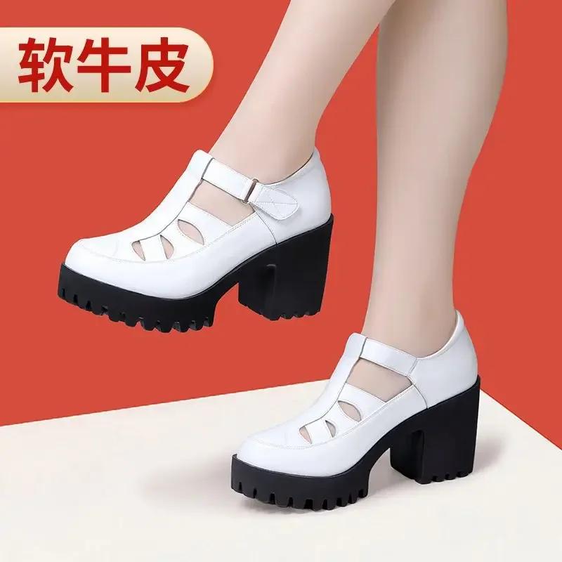8cm Small Size 32-43 Close Head Genuine Leather Shoes Chunky Platform Sandals 2025 Block High Heels Gladiator Sandals Office Mom