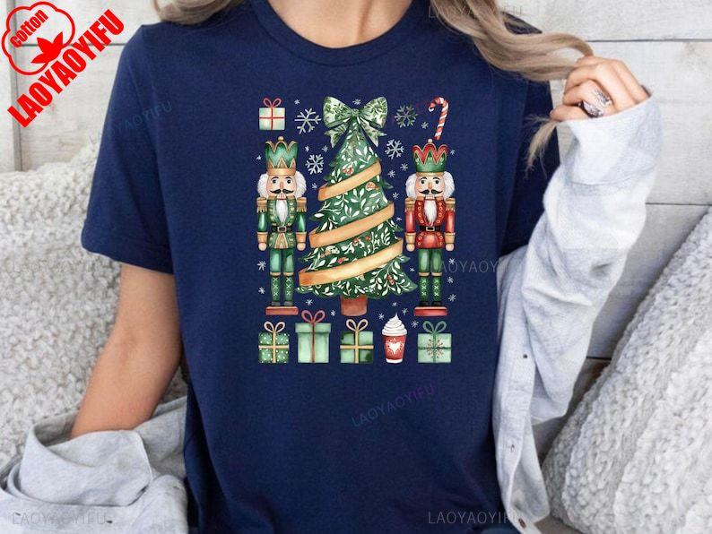 Skurrile Weihnachts-Leprechauns Nussknacker-Freunde Retro Grün Damen T-Shirt Süße Cartoon-Oberteile T-Shirt Baumwollhemd Kurze Oberteile