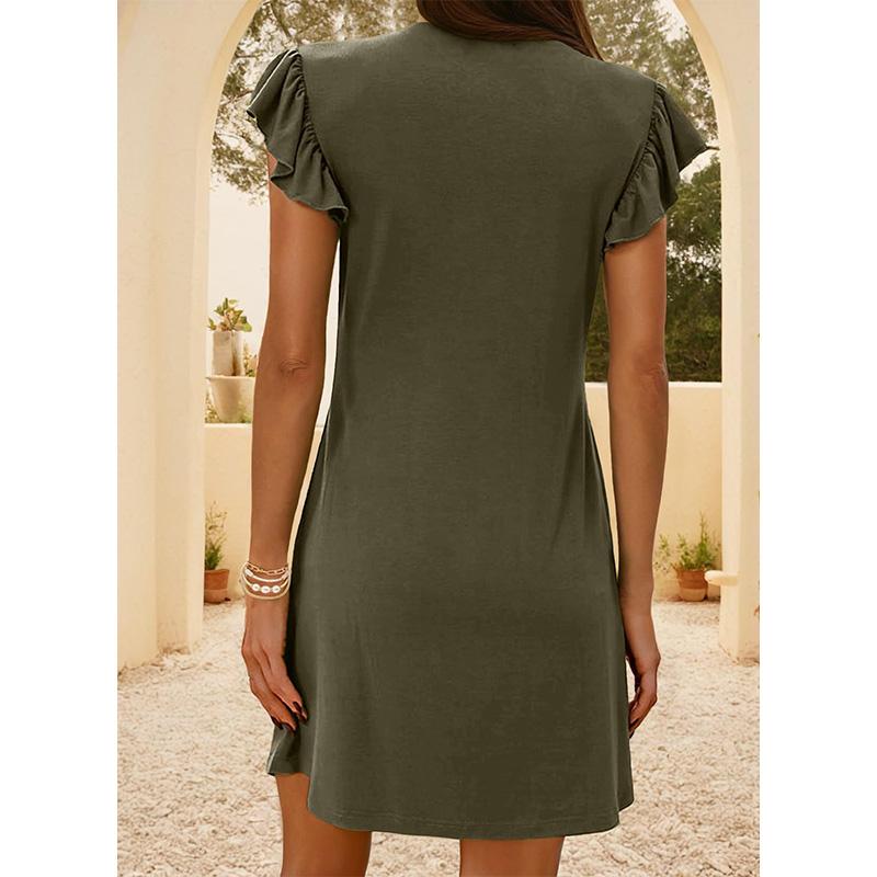 Women's Deep V-Neck Smocked Tank Dress Ruffle Sleeve Loose Fit Beach Vacation Summer
