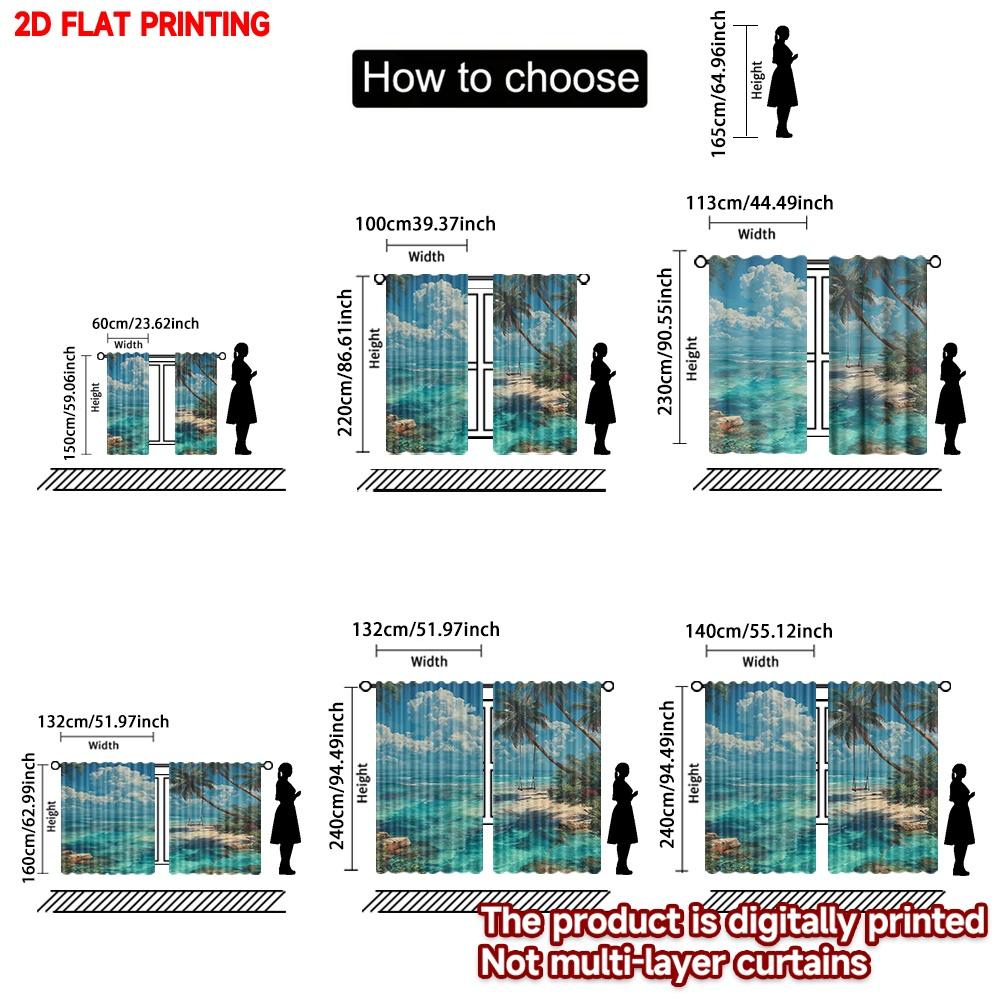 Set Of 2 Digital Print Sea Beach View Curtains Coastal Landscape Window Drapes Living Room Bedroom Home Decor Non Woven Curtain Polyester Perfect For