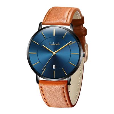 Montre simple, tendance, décontractée, mouvement à quartz japonais, cadran de 40 mm, bracelet en cuir véritable, unisexe, boîtier noir, bleu, ultra-mince, 6,5 mm