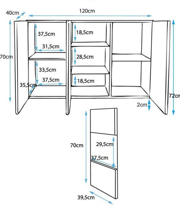 Buffet Sideboard 3 Doors 2 Shelves LED Display Cabinet | 120 X 72 X 40 Cm | Color White Gloss Finish | Storage | LUKE A2