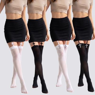 4 Pairs/Set Women Gothic Cross Decoration Sheer Stockings Black White Thin Transparent Thigh High Socks Sexy Suspender Hosiery F