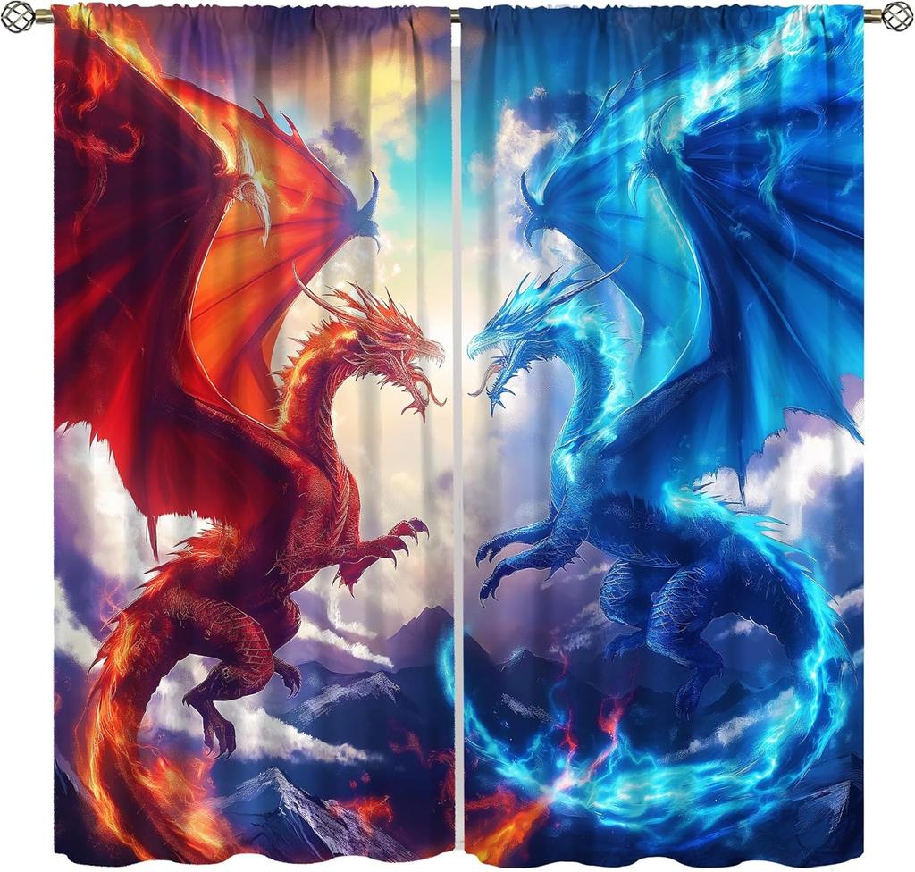 Ice Fire Dragon Curtains, Cool 3D Mystery Fantasy Sky Flame Red and Blue Flying Dragon Window Treatments, Thermally Insulated Ro