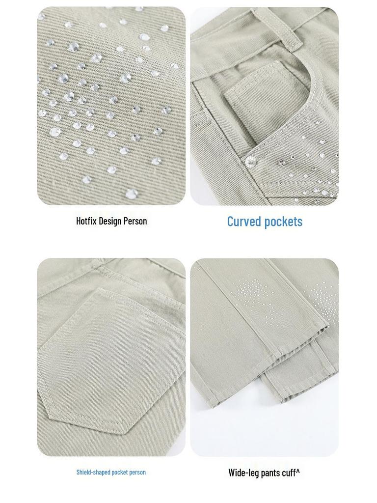 Women's Retro Fireworks Rhinestone Denim Jeans: Stylish Wide-Leg, Floor-Length Pants