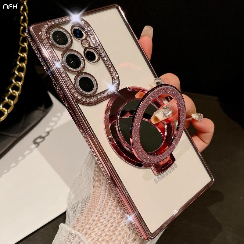 For Samsung Galaxy S24 Ultra Luxury Plating Diamond Frame Flash Mirror Stand Holder Phone Case For Samsung S22 S23 S25Plus Cover