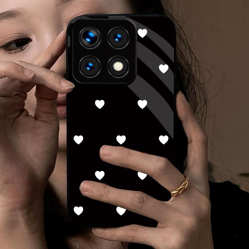 Cute Polka White Hearts Phone Cover for Xiaomi 15T 14T Pro Hard Gloss Acrylic Back Soft TPU Frame Anti-scratch Protective Case