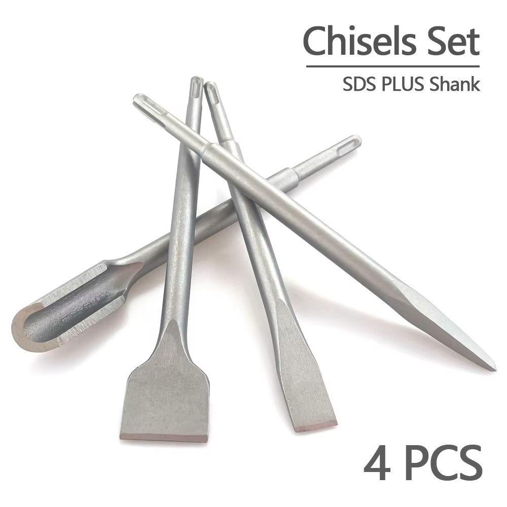 4Pcs Pointed /Flat Bit Hammer Drill Bit Round Shank Rotary Hammer Gouge Set  Tile Slotting