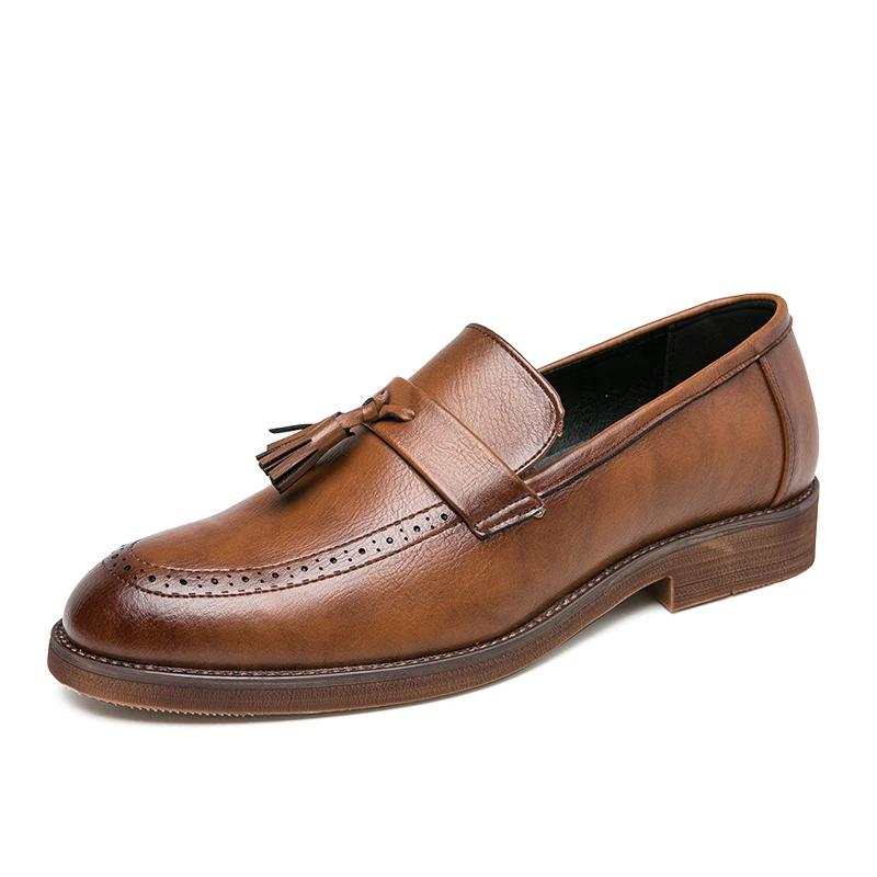 Fashion English Style Brown Leather Shoes Men's Loafers Retro Tassel Leather Shoes Brown Classic Business Office Dress Loafers Big Size