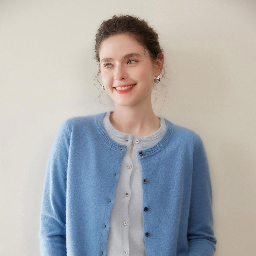 New Women's Cashmere Cardigan: Two-Piece Knit Sweater Coat, Loose, Slimming, Thickened, Round Neck, Color Block Design.