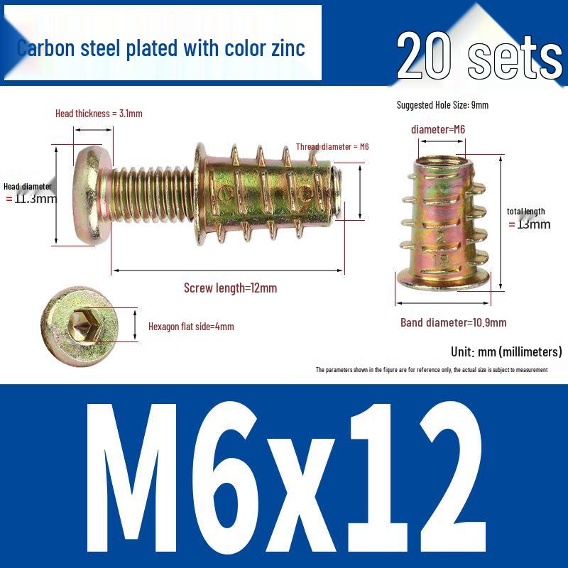Flat Head Hex Socket Screws & Pre-embedded Nut Set for Wooden Bed Connectors