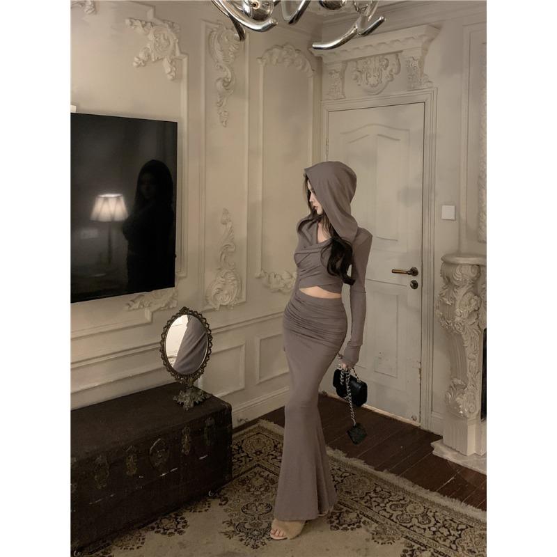 Fashion Elegant Long Sleeve Hoodie Top and High-waisted Fishtail Hip Skirt Suit for Women Spring Autumn Casual Slim Fit Simple Clothes Outfits 2845