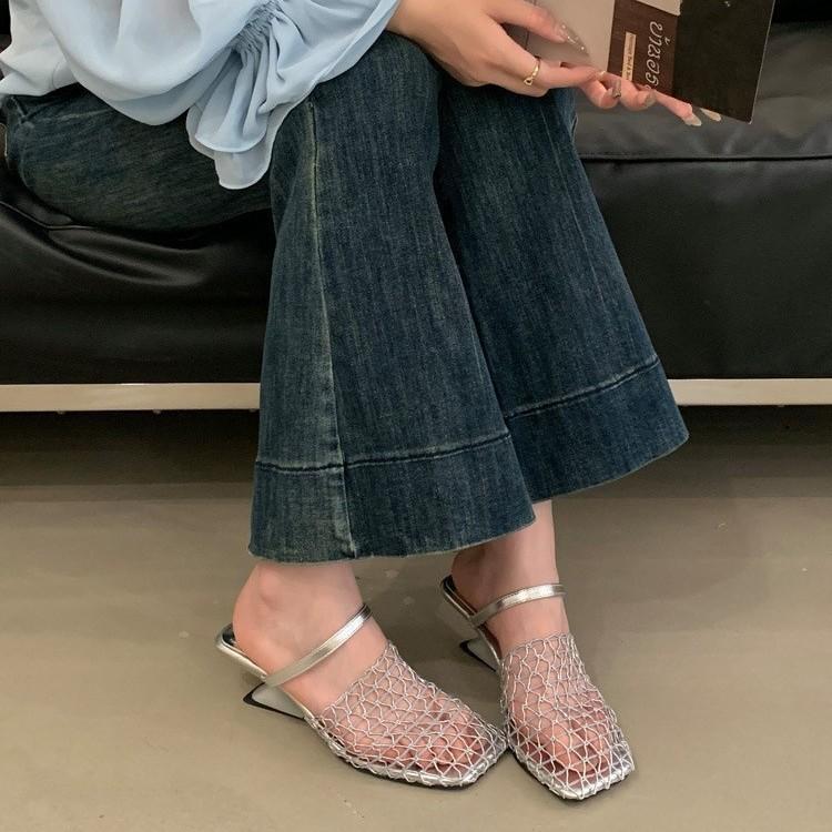 

Design sense niche fishing net slope heel bag head half slippers women s summer wear woven mesh hollow high heel cool slippers 41