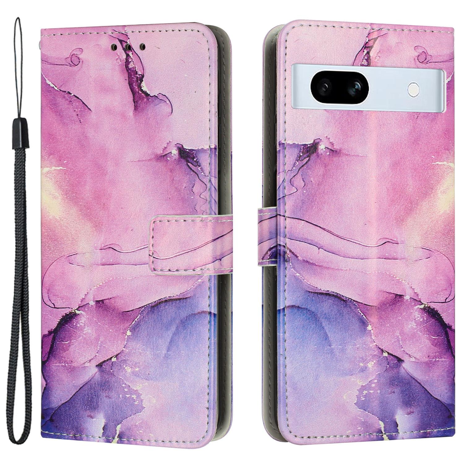 

PU Leather Cellphone Case for Google Pixel 7a Marble Pattern Wallet Stand Cover with Wrist Strap Purple
