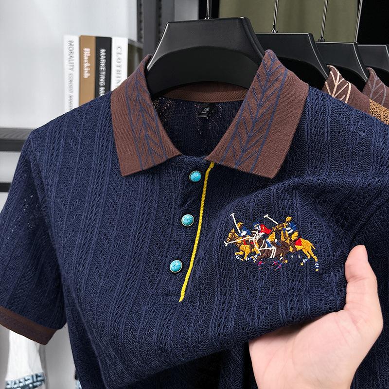 New Short-sleeved T-shirt Men's Autumn Knitted Sweater Embroidered Pattern Matching Jacquard Top