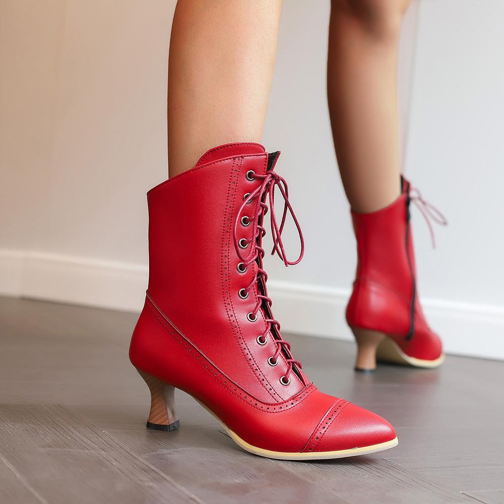 Fashion 2025 New Lace Up Ladies High Heel Shoes Strange Steampunk Boot Victorian Ankle Boots Women Pointed Toe Thick Soled Short Boots