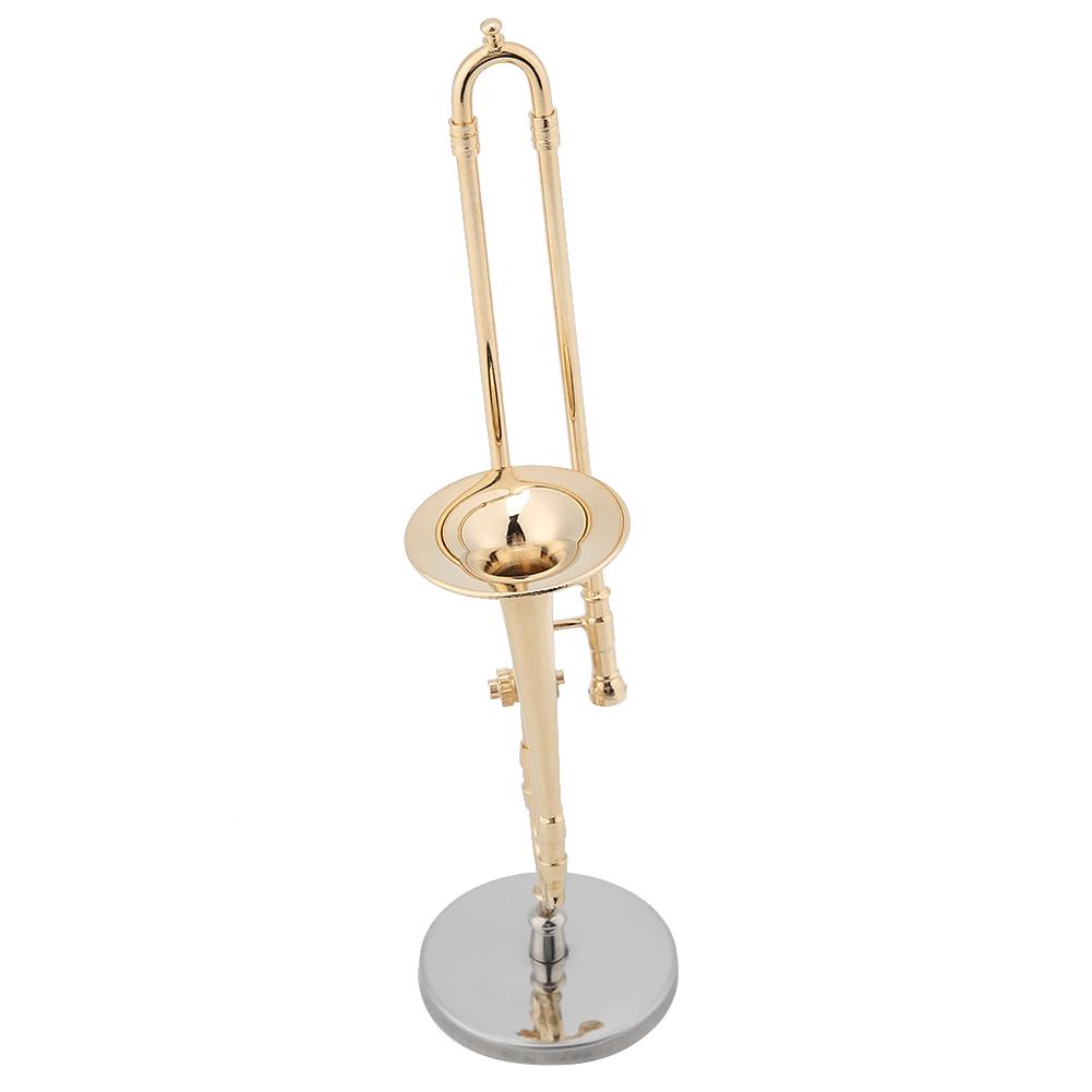 Miniature Trombone Replica with Stand and Case Gold Plated Instrument Model Musical Ornaments