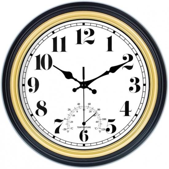 45MinST 12-дюймовые ретро круглые водонепроницаемые настенные часы для помещений/улицы с термометром, бесшумные, с плавным ходом, кварцевые настенные часы высокого качества, работающие от батарейки 12   Gold C&f