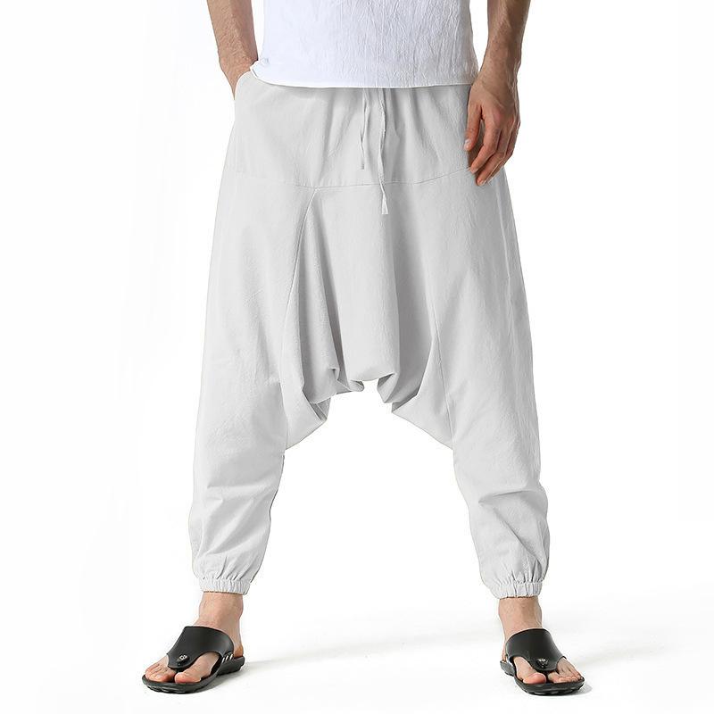 Men's Cotton Linen Casual Harem Pants Loose Fit Drop Crotch Lounge Pants Elastic Waistband Drawstring Adjustable Fit