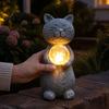 Unique Gift for Gardeners Cat Statue Solar Light Smiling Garden with Cracked Crystal Ball Durable Resin Sculpture Decor Waterproof Animal Lamp Patio