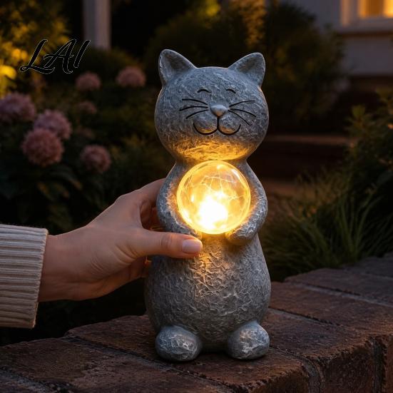 Unique Gift for Gardeners Cat Statue Solar Light Smiling Garden with Cracked Crystal Ball Durable Resin Sculpture Decor Waterproof Animal Lamp Patio