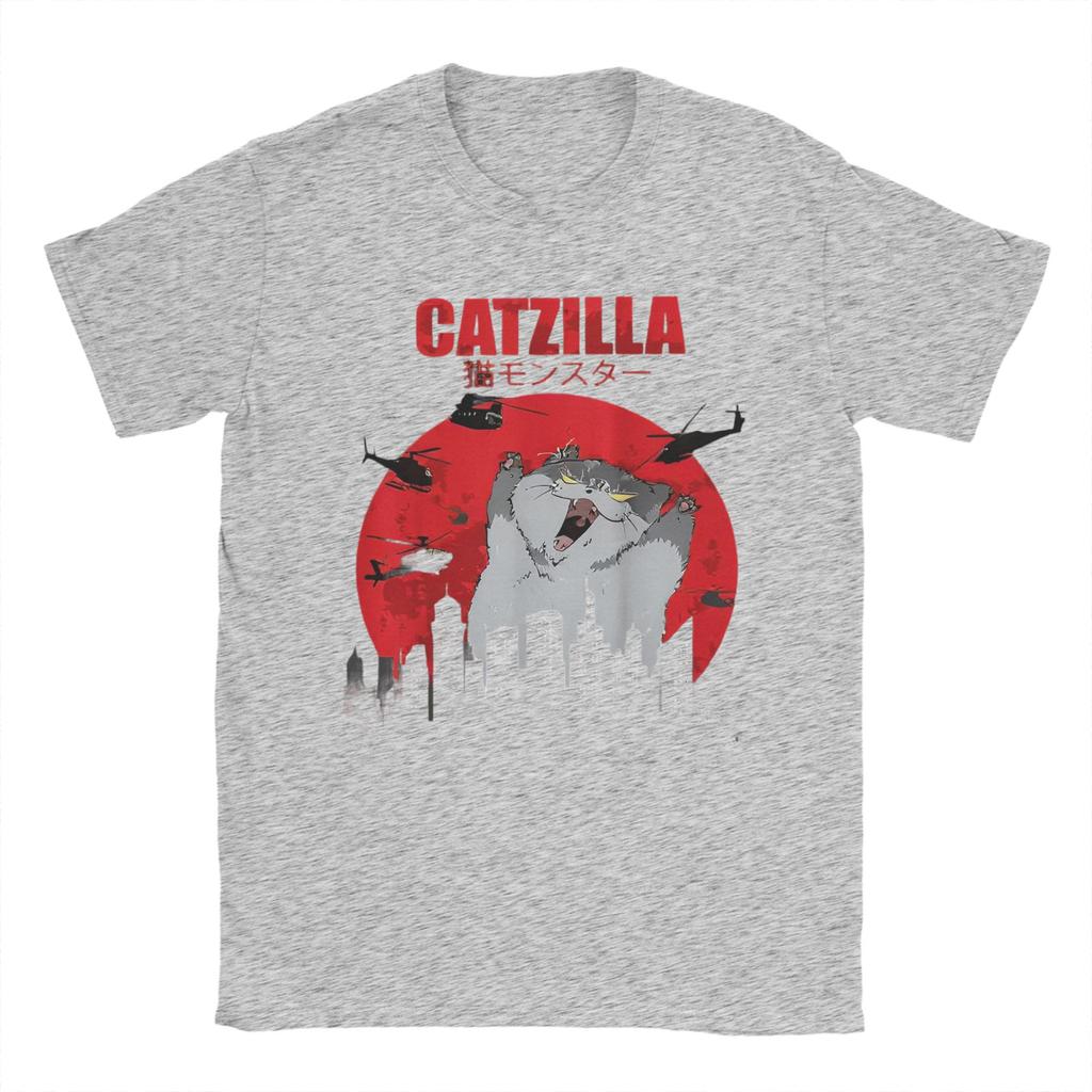Funny Cute Art Japanese Cat T Shirt for Men Pure Cotton Novelty T-Shirts Crewneck Catzilla Tee Shirt Short Sleeve Clothes Summer