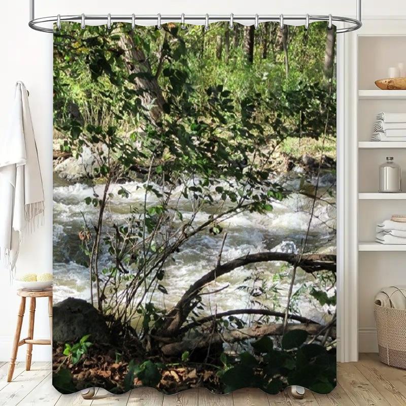 Nature-Inspired Bathroom Decor: Waterproof Fabric Shower Curtain Featuring Riverbank Landscape for Home Decoration Greenery Prin