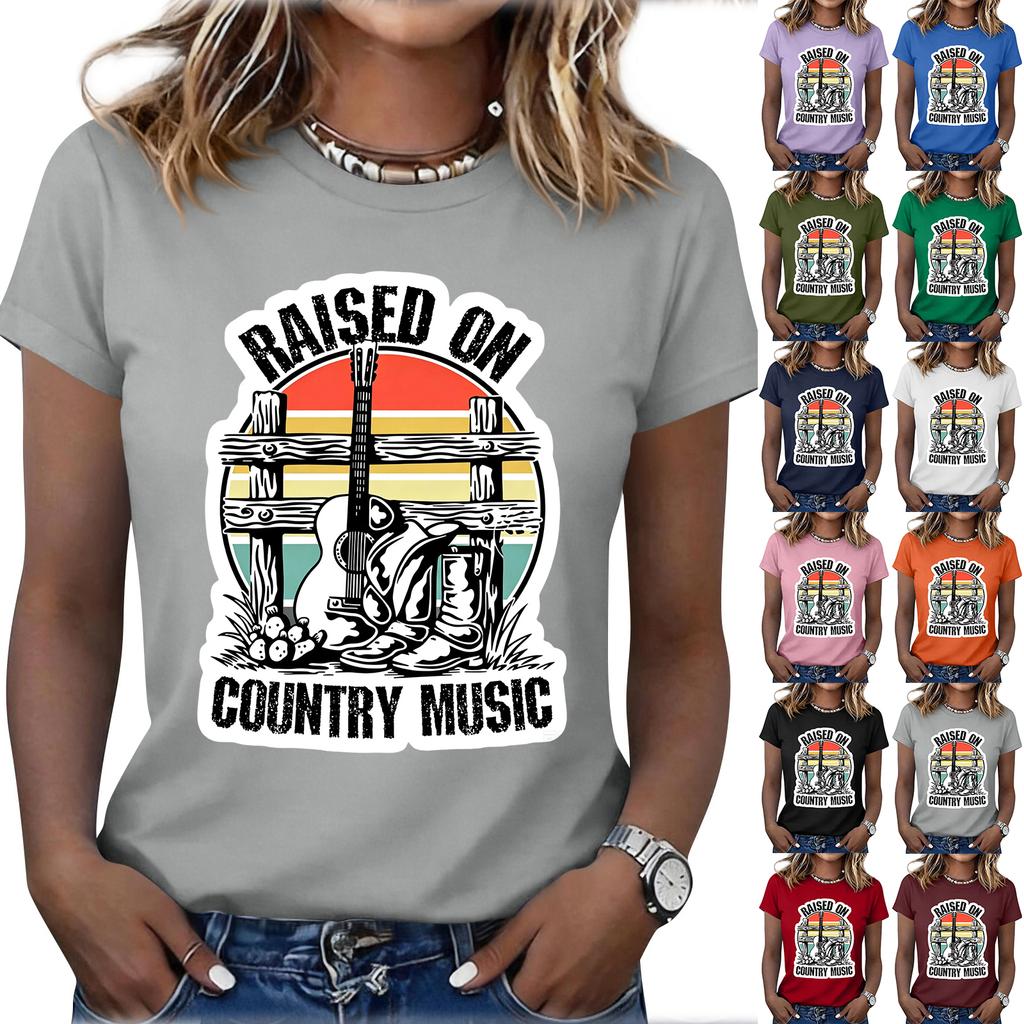 Women's Fashionable Casual Music Festival Print Round-Neck Short-Sleeve T-Shirt