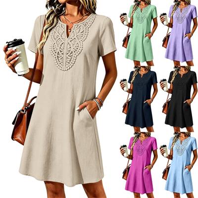 Womens Short Sleeve V Neck Lace Cotton Linen Dress Casual Dresses for Women Maxi Dresses for Women Vacation Outfits for Women