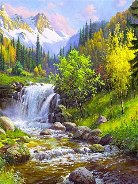 Hel kvadratisk/rund diamantmaling Landskap 5D DIY diamantbroderisalg Foss Rhinestones Mosaikkveggkunst