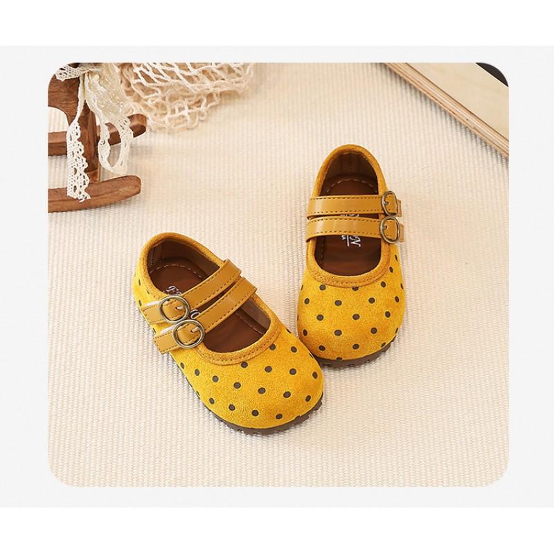 Cute Polka Dot Mary Jane Shoes Girls Soft Sole Comfortable Flat In Yellow Beige Khaki Ages 4-12