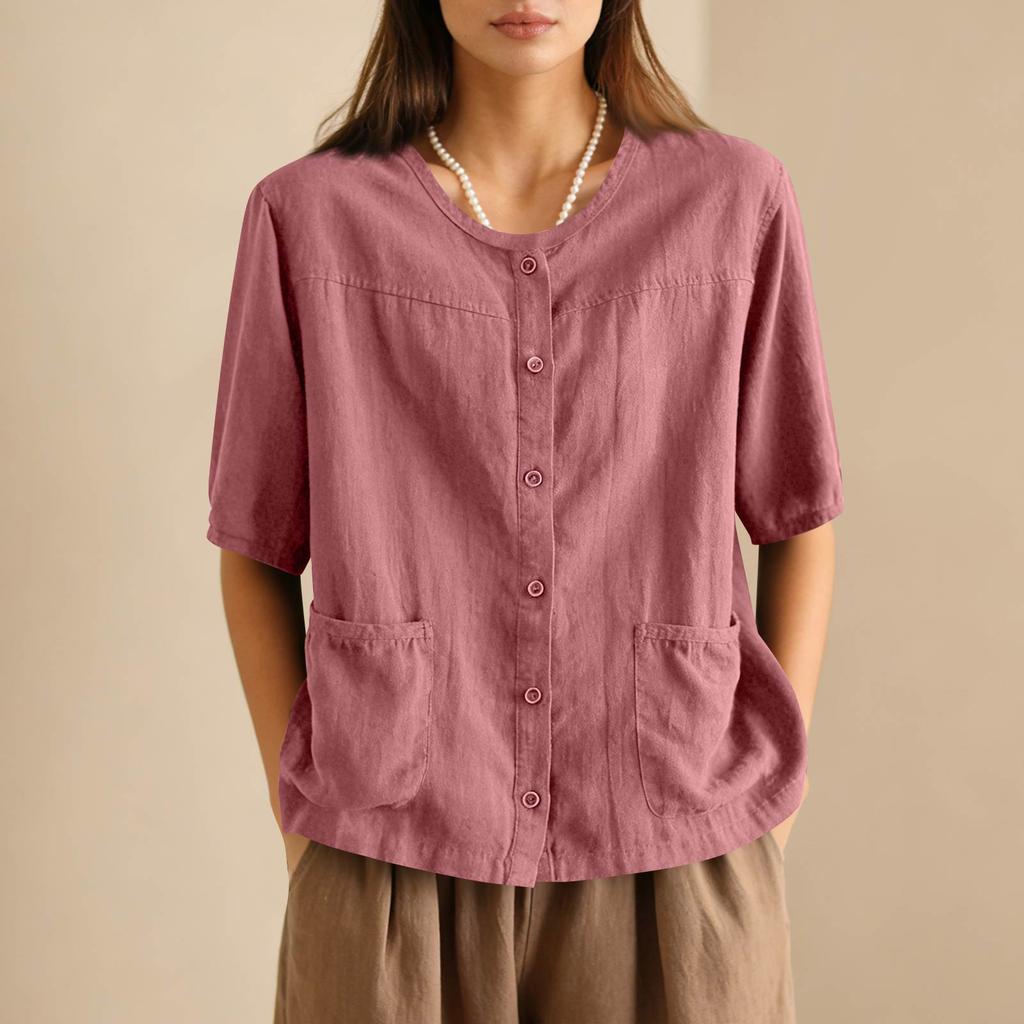 Women's Vintage Oversized Literary Cardigan Cotton-Linen Blend With Pockets Single Breasted Button Up Short Sleeve Top With Elegant Appeal