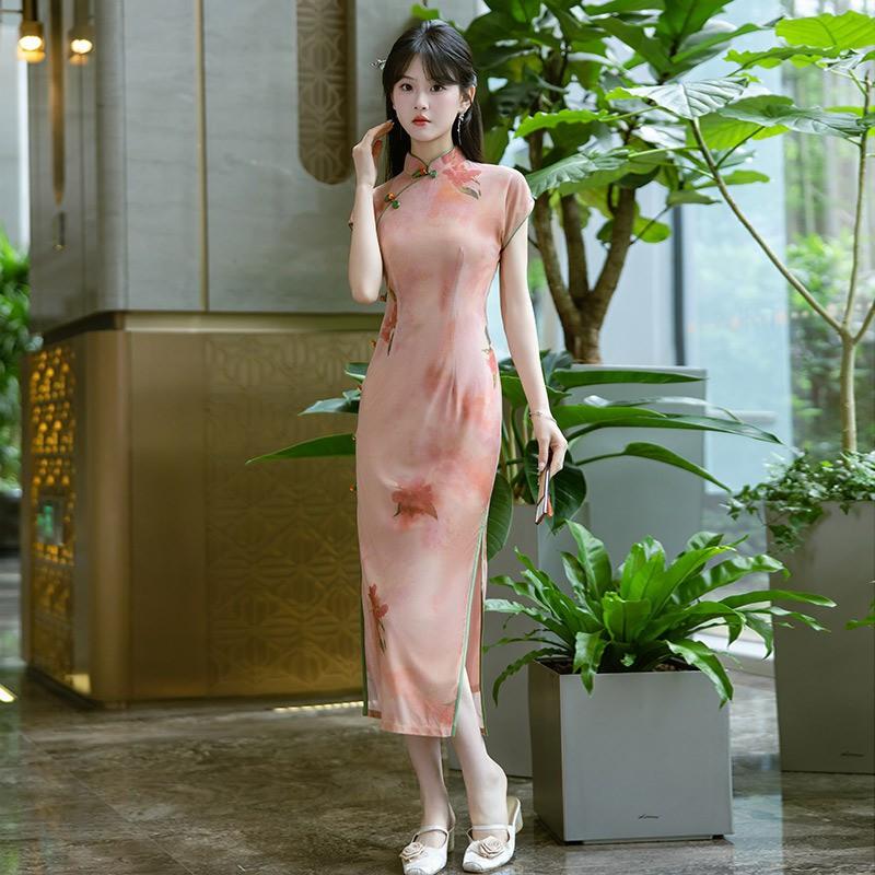 Elegant Modern Cheongsam Dress Women Long Sleeveless Retro Style Daily Wear Small