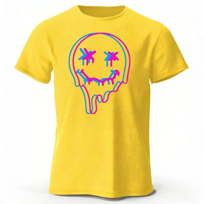 Neon Melting Smiley Face High-quality Pure Cotton Short Sleeved Men Loose Oversized Comfortable Sports T-shirt Street Casual Top
