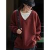 Womens Oversized V-Neck Layered Look Hoodie Loose Fit Cotton Blend Long Sleeve Top Winter