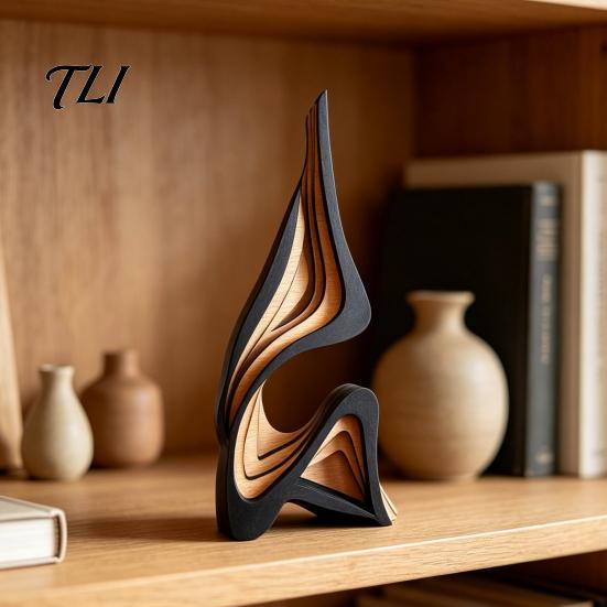 Minimalist Abstract Home Accents Wood Art Sculpture, Modern Solid Figurine for Living Hand Painted Poplar Craft Room Tabletop Decor,