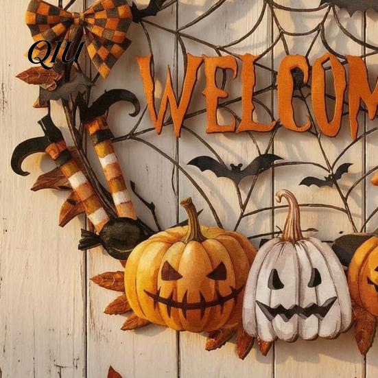 Cute Scarecrow Theme Ornament Halloween Door Sign for Porch, Ghost Dwarf Hanging Wall Decorative Seasonal Plaque, Rustic Farmhouse Decor Front