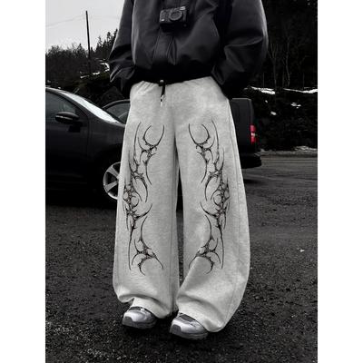 Schwarze Baggy Weite Bein Jogginghosen für Herren, Weiße Abstrakte Tribale Flammen-Prints, Kordelzugverschluss Street Style Lässiger Komfort