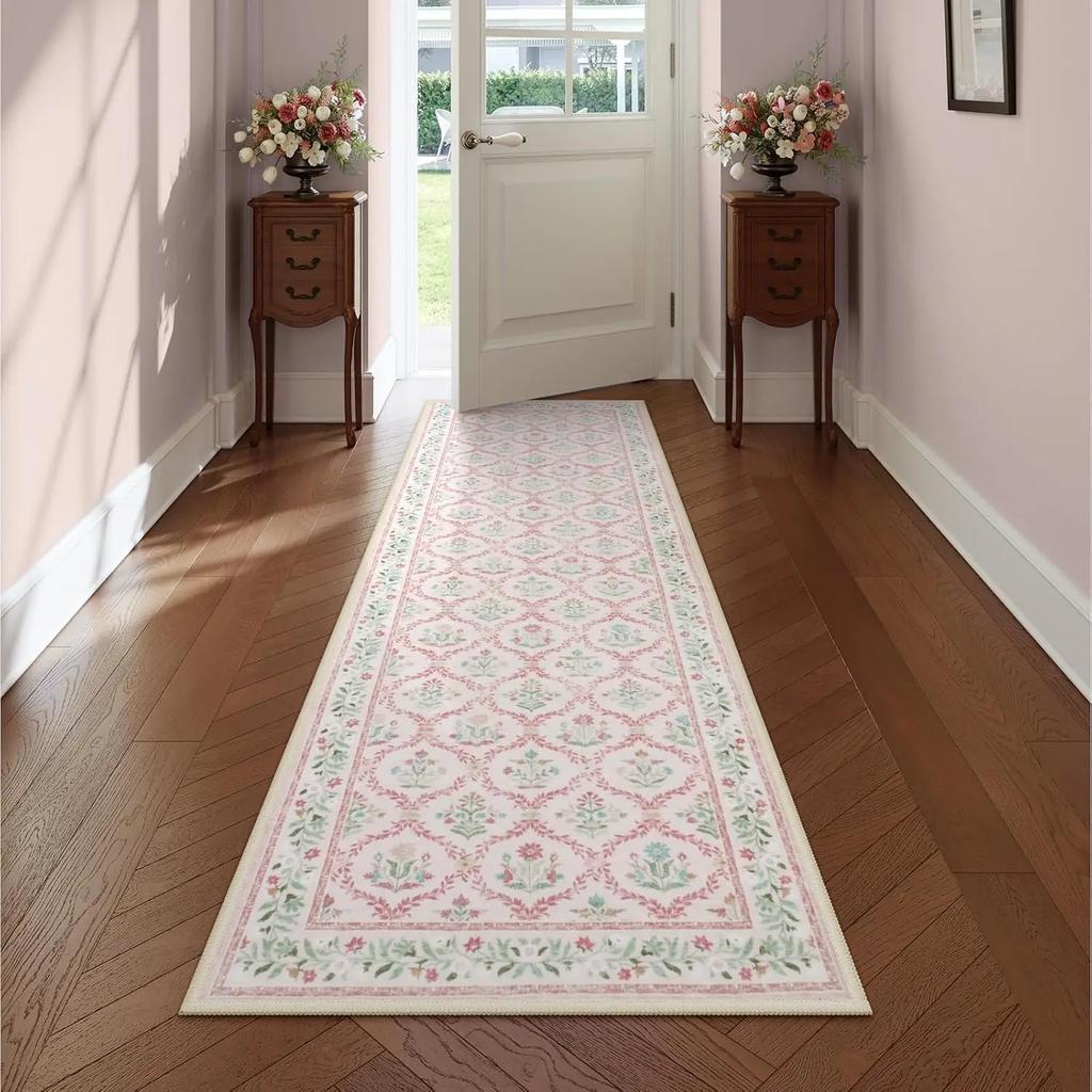 Traditioneller Blumenläufer Teppich Rosa Grün Muster Waschbarer Rutschfester Teppich für Flur Küche Korridor Eingangsbereich Heimdeko