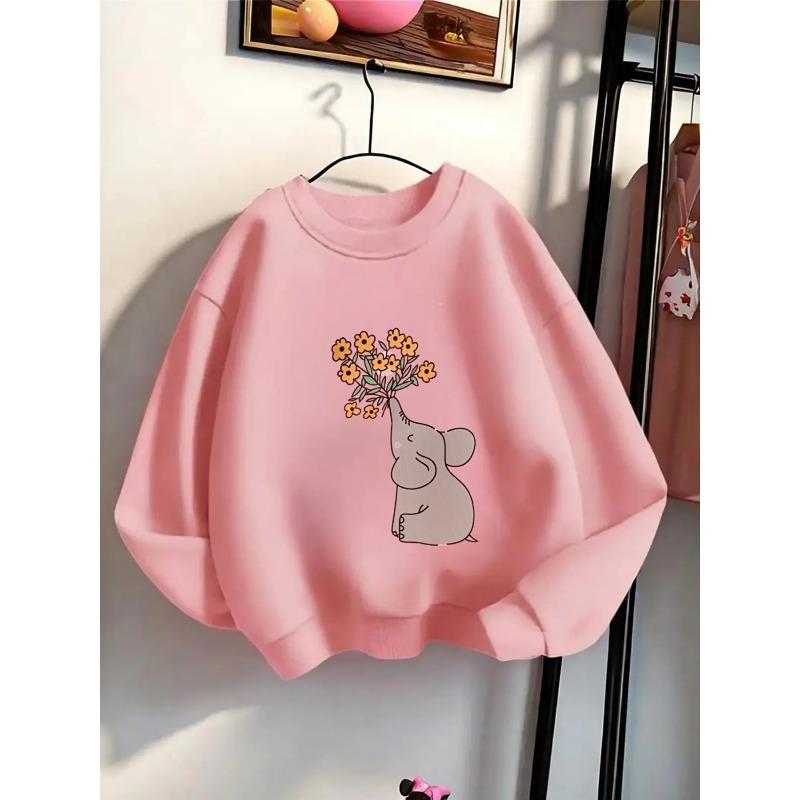 European sizes Kids' Round-Neck Hoodie | Elephant Holding Flowers, Sportswear and Casual Wear, Soft and Comfortable, Easy to Care For, Playful Design