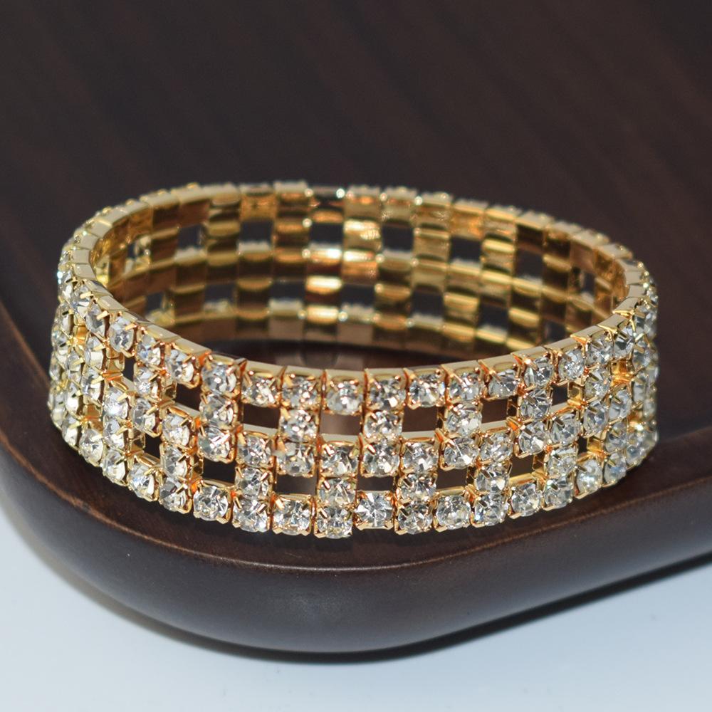Europe and America Cross Border Fashion Multi-Layer Elastic Hollow Rubber Band Full Rhinestone Bracelet Exaggerated Wide Bangle