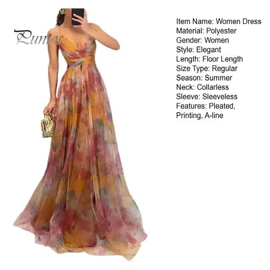 Women Evening Dress Mesh Colorful Printing Low-cut Sleeveless Backless Spaghetti Strap Pleated A-line Floor Length Tight Waist