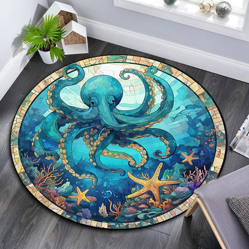 Octopus and Starfish Round Area Rug,Carpet Rug for Living Room Bedroom Sofa Playroom Decor,Non-slip Floor Mat