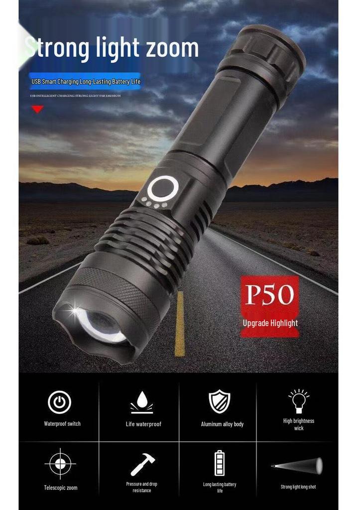 High Brightness P50 Telescopic Zoom Multi-functional Outdoor Emergency Flashlight