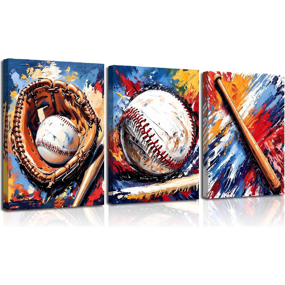 Basketball Graffiti Canvas Wall Art Prints,Graffiti Wall Art Sports Print Wall Decor Set of 3,Retro Colorful Baseball,Soccer,Basketball Print for Boy