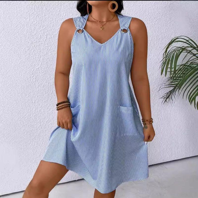 Europe and America Cross Border Export Summer Tide Casual Women's Stripes Sleeveless Sling Dress Pocket Vest Short Skirt Plus Size Loose