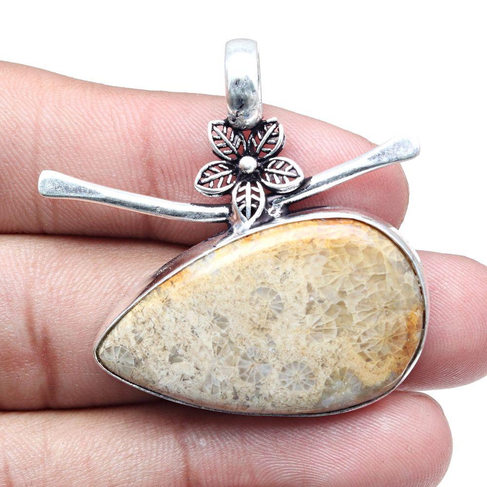 Necklace Fossil Coral Gemstone Handmade Gift For Her Silver Jewelry 1.5"