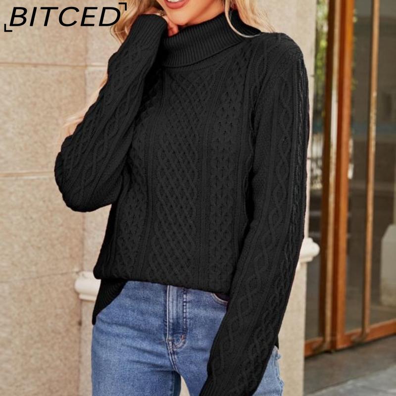 BITCED Women's Autumn/Winter Solid-Colour Knitted Top with High-Neck Cable-Knit Sweater Elegant High-Neck Base Layer