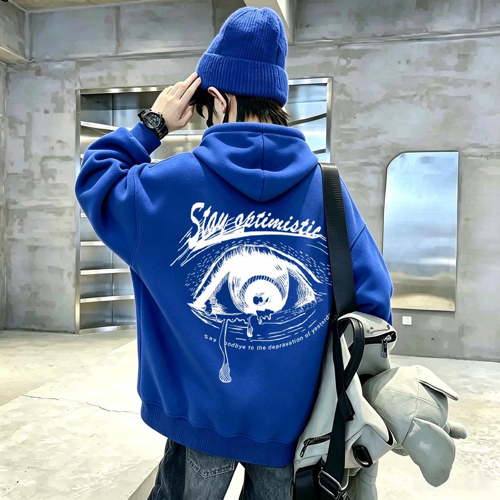 Latest style French pattern eye design children's hooded pullover sweatshirt with long sleeves and loose fit for boys and girls